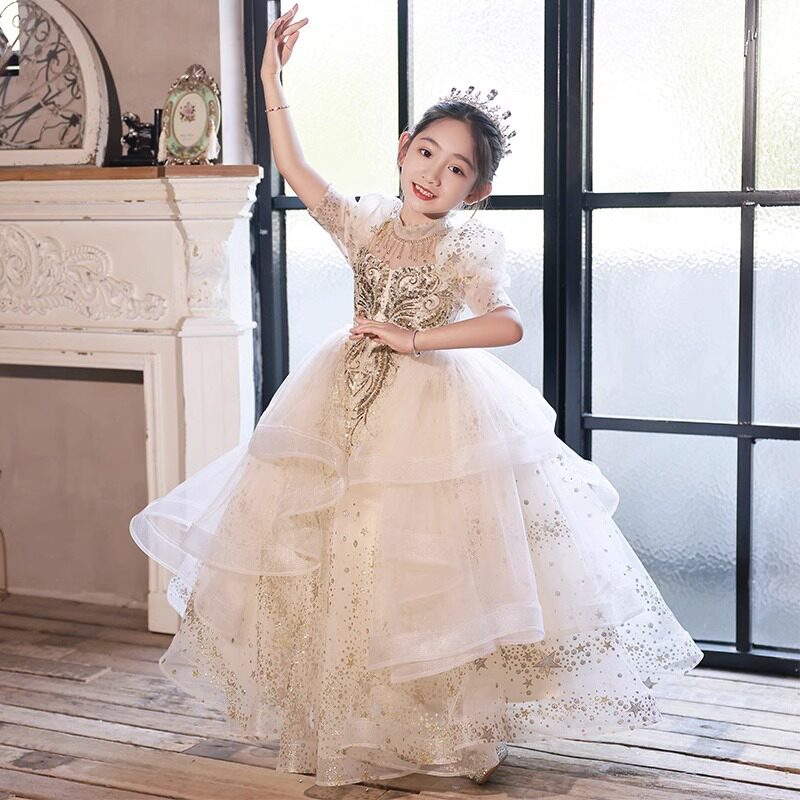 2026新款儿童婚纱花童婚礼女童主持人礼服公主裙钢琴演奏演