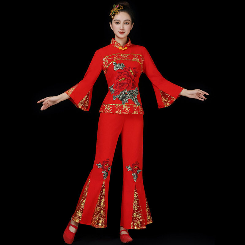 2026新款秧歌服套装中老年人古典扇子舞演出服红色喜庆腰鼓广