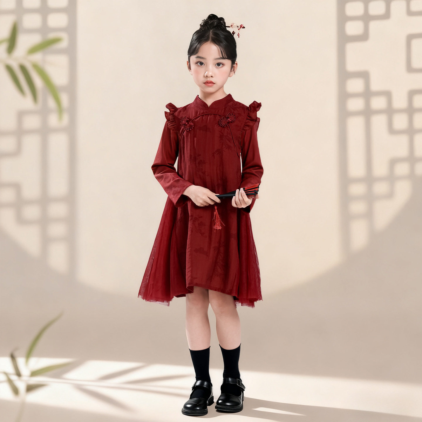 2026新款中国风儿童演出服女童旗袍裙红色连衣裙小学生汉服合唱啦
