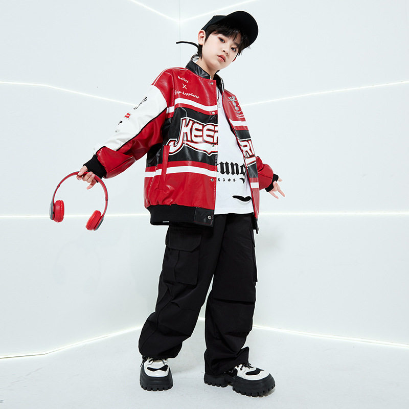 2026新款街舞儿童潮服嘻哈机车服皮衣夹克男童套装hiphop童