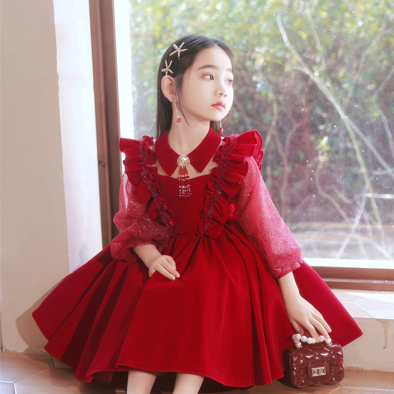 2026新款儿童礼服公主裙高端夏洋气女童长袖蓬蓬纱红色花童婚礼小