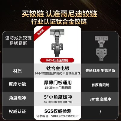 哥尼迪铰链二段力不锈钢可拆卸液压阻尼缓冲衣橱柜门全盖合页