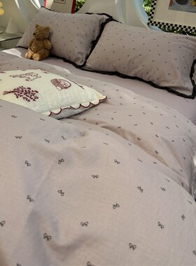 A类母婴级文艺少女心皱皱纱花边紫色蝴蝶结纯棉四件套1.5m1.8全棉