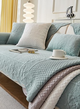 北欧蓝色斜纹纯棉全棉绗缝防滑皮沙发垫坐垫四季通用沙发套罩巾盖