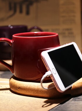 欧式创意宝石色马克杯配底座高档复古红色咖啡杯带勺陶瓷水杯子