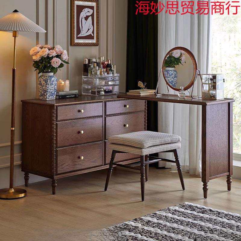 法式中古风化妆桌可伸缩卧室梳妆台一体收纳柜复古小户型转角妆台