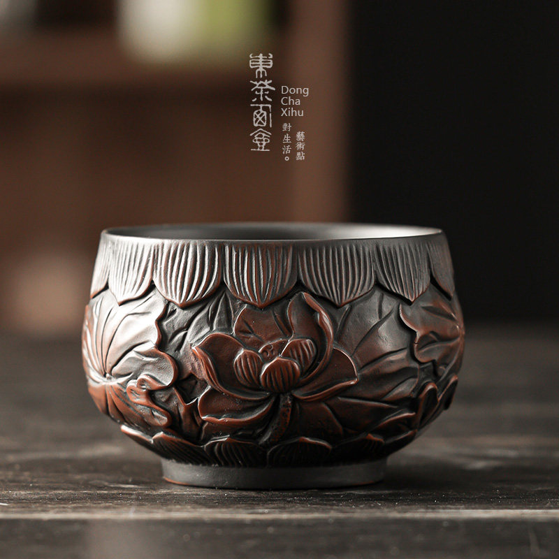 紫陶茶杯大号半手工浮雕荷花主人杯云南非紫砂杯子功夫茶道品茗杯