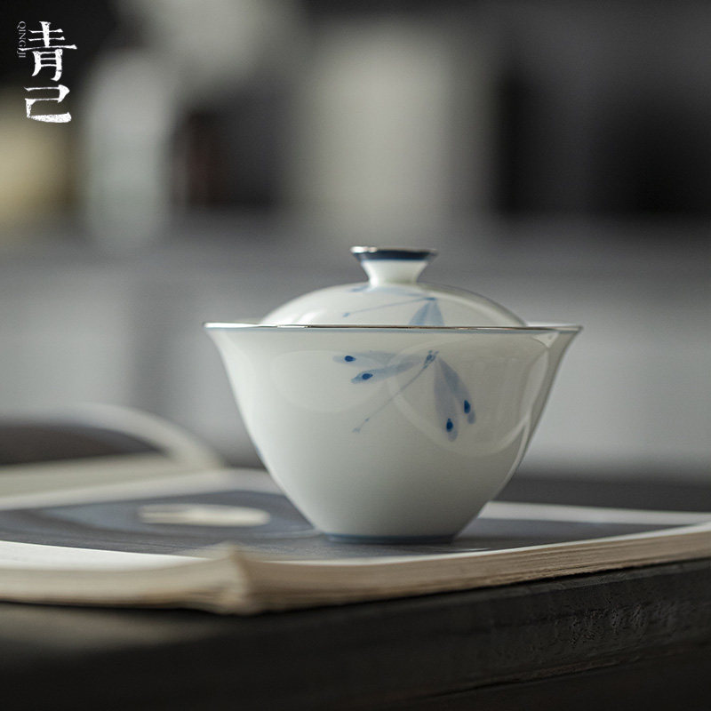 一品仟堂青己玉瓷手绘陶瓷盖碗家用茶碗泡茶茶杯青花瓷白瓷茶具器 - 实物图