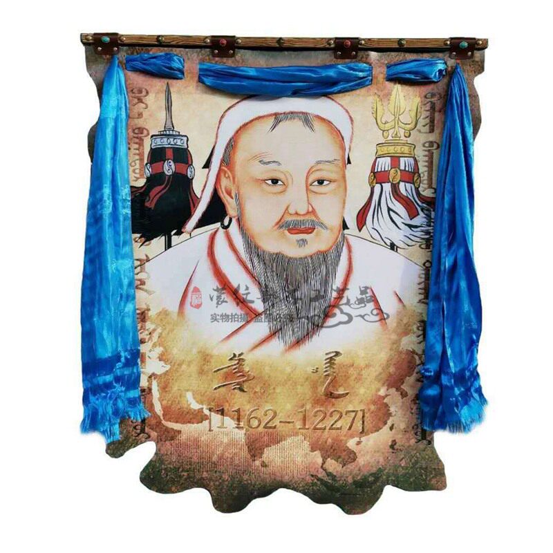 蒙古古画成吉思汗哈达皮品彩绘挂画蒙皮包家居餐厅工艺精革装饰画