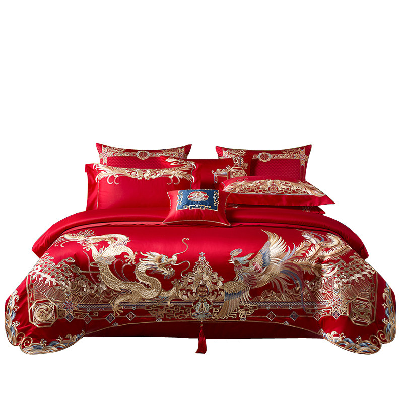 高端新中式婚庆长绒棉四件套大红纯棉龙凤结婚全纯棉100S提花被套