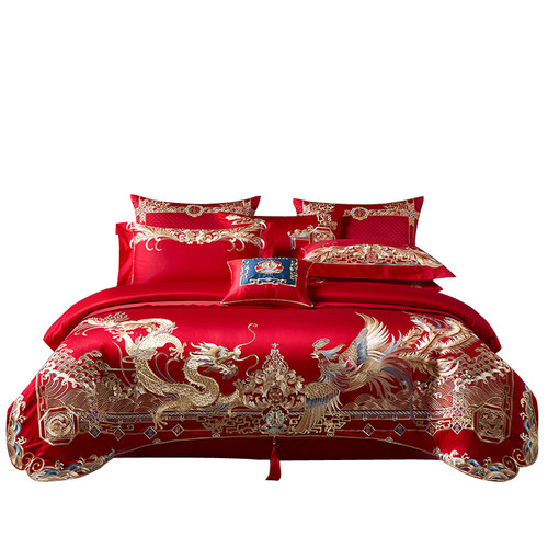 高端新中式婚庆长绒棉四件套大红纯棉龙凤结婚全纯棉100S提花被套