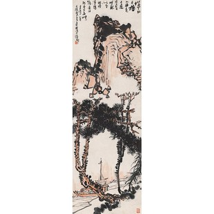名画复制品名家作品潘天寿江舟夜泊国画艺术微喷挂画现代装饰画