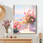 窗前郁金香diy数字油画丙烯填充手绘治愈减压油彩画涂色装 饰画