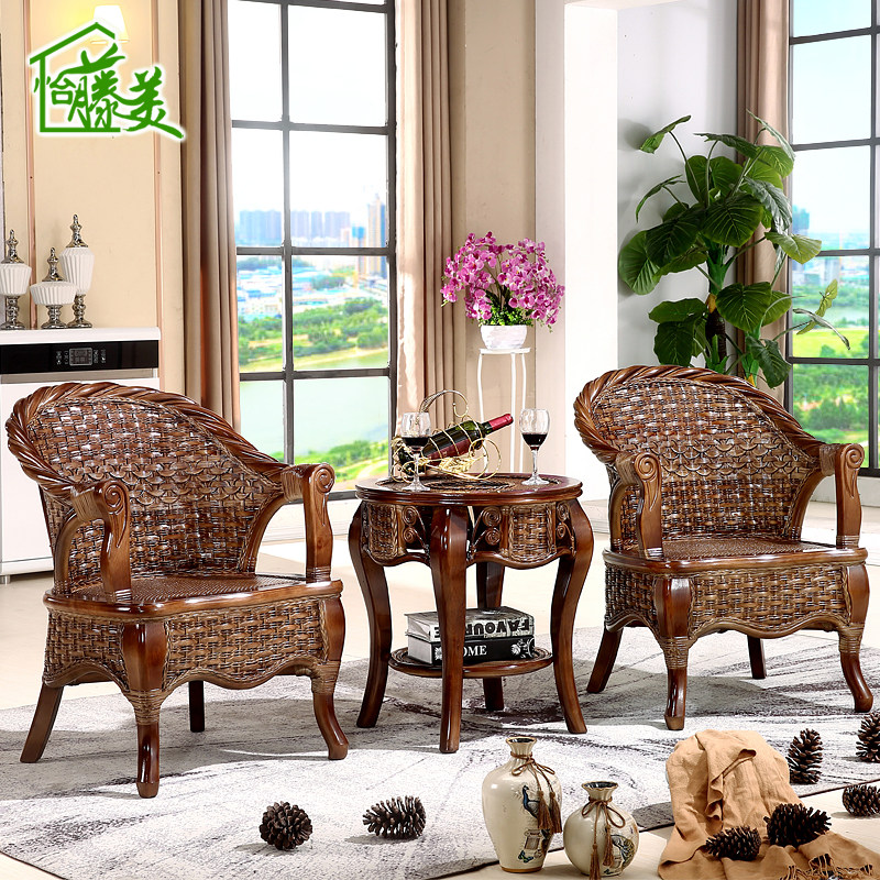 藤椅茶几三件套家用实木真藤编休闲单人靠背椅子阳台桌椅茶桌组合,住宅家具,桌椅套件,淘宝优惠券,粉丝福利购,淘宝优惠卷