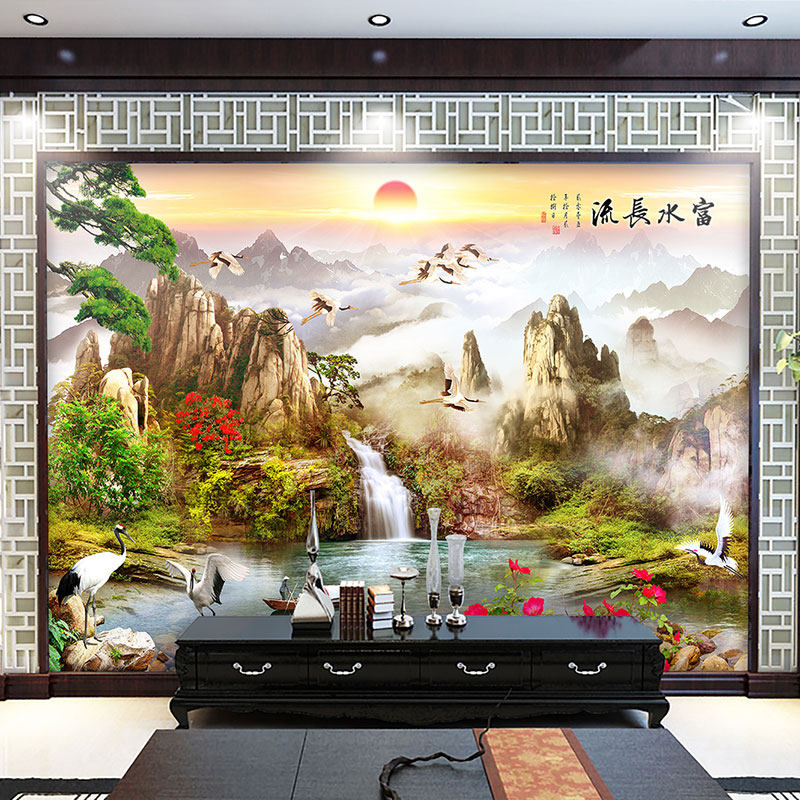 山水厅贴纸中式风景画墙贴自粘壁纸墙纸客画壁画背景墙画墙壁贴画