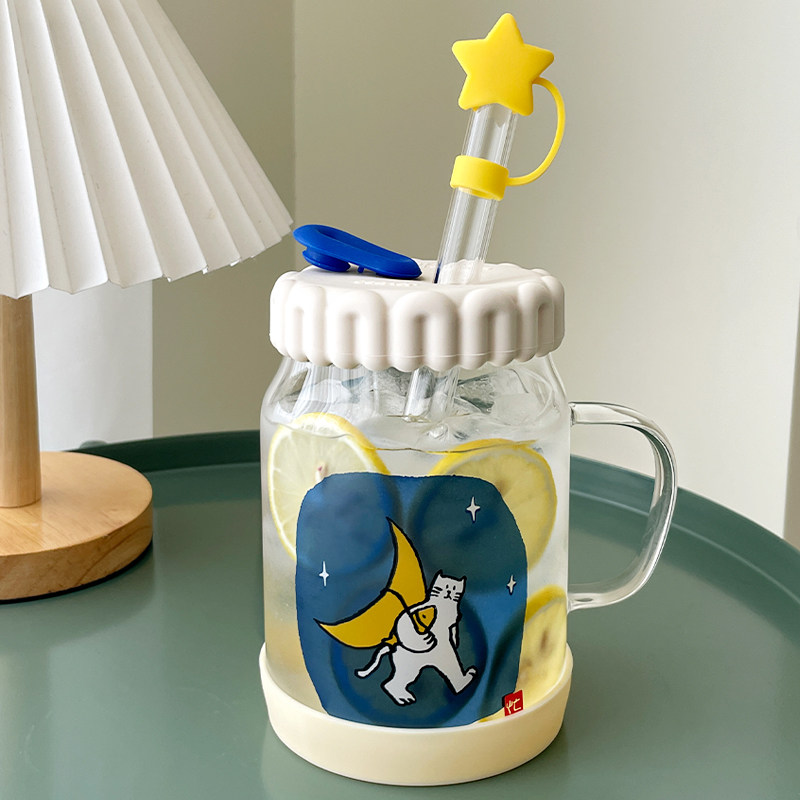 玻璃杯卡通少女心喝水杯粗吸管牛奶杯带杯垫咖啡杯带盖家用豆浆杯
