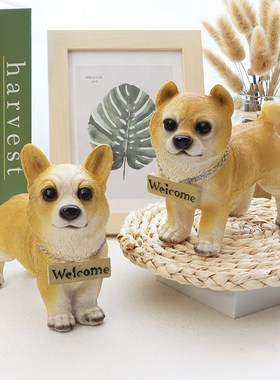 可爱仿真柯基柴犬摆件家居花园柜台桌面小狗动物装饰迎宾场景布置