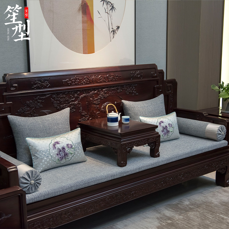 中式红木沙发棉麻坐垫套罩古典罗汉床垫子刺绣花靠垫腰枕扶手定制