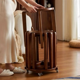 实木可叠放茶几组合凳子折叠椅子带滑轮待客餐桌凳备用叠叠乐圆凳