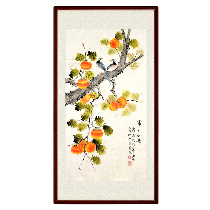 纯手绘事事如意柿子图花鸟饰国画玄关挂廊装画画竖版画芯卷轴走画