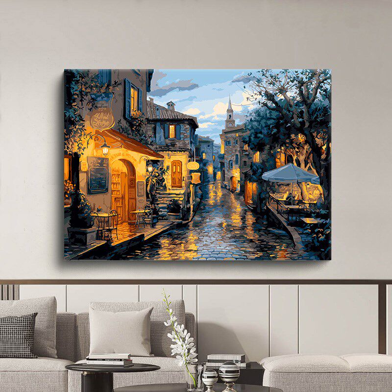 数字油画diy填色客厅治愈填充手工装饰风景油彩丙烯雨后小巷画画