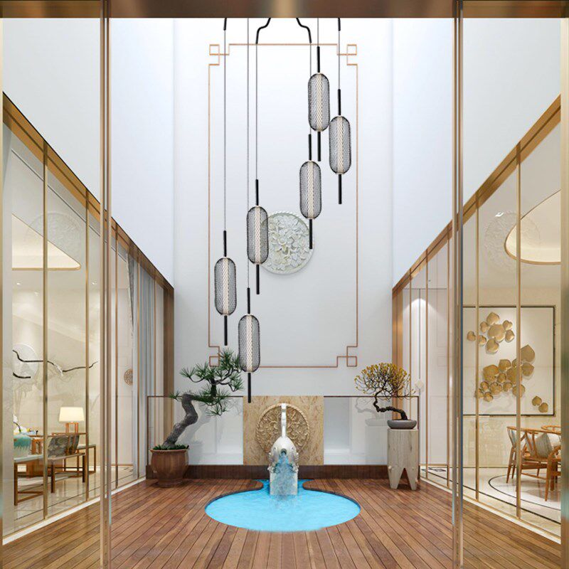 LOFT复色住宅灯具时尚中式餐厅客厅梯房黑式白色智能铁艺楼书吊灯