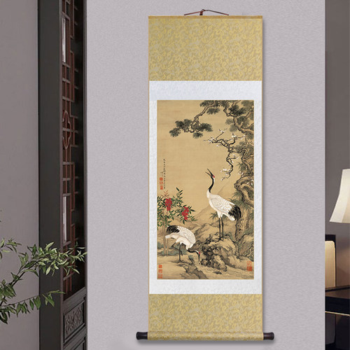 名家沈铨松梅双鹤图卷轴挂画仙鹤图立轴装饰画玄关画书房茶室壁画