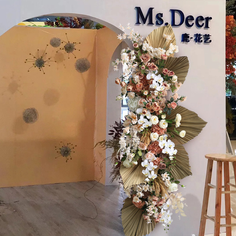 欧式壁挂花艺装饰仿真花排蒲扇叶插花商业橱窗店面美陈背景挂饰
