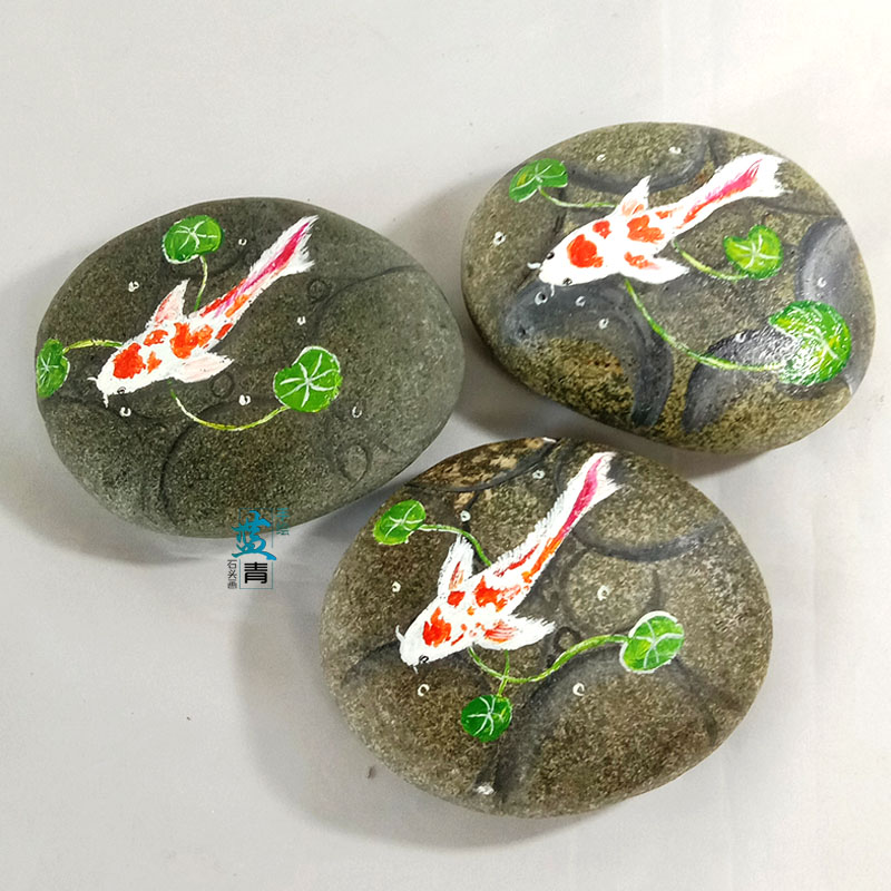 鲤鱼送锦石头画开业大吉新家搬迁送礼送朋友包绘画摆件工艺品彩邮