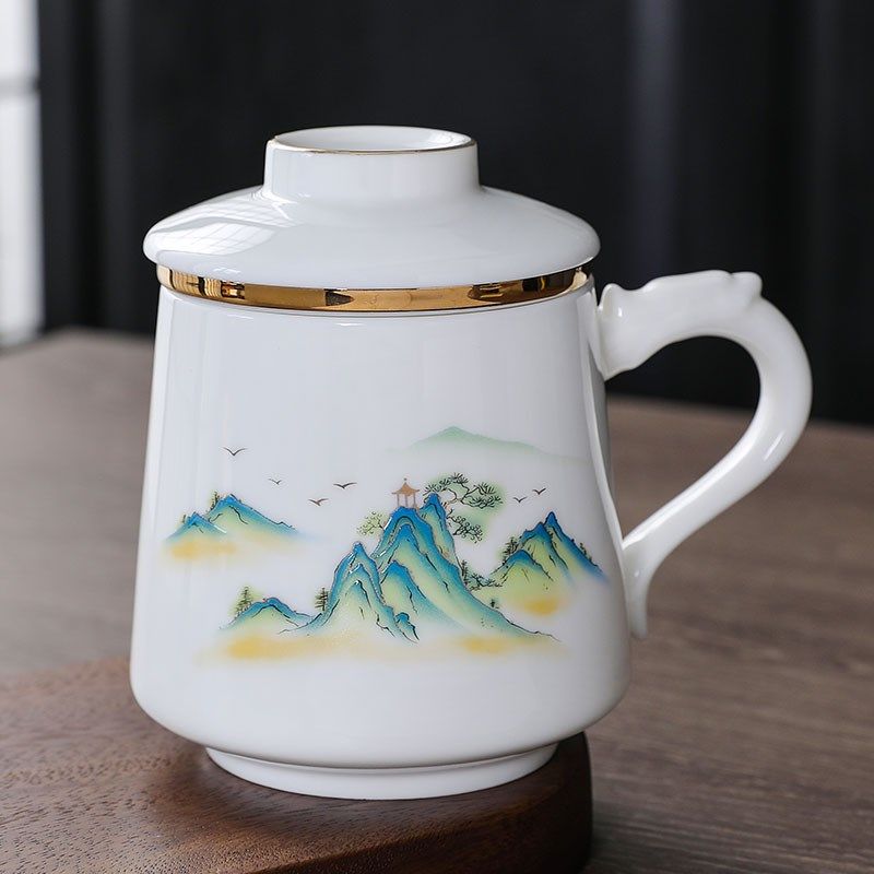 羊脂玉茶水分离办公杯陶瓷骨瓷泡茶杯喝水杯带盖高档礼品定制刻字