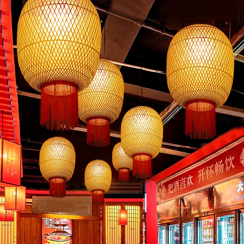 复古风火锅店厅纸灯笼餐制饭店酒店大厅走廊定油传统手工竹编灯具