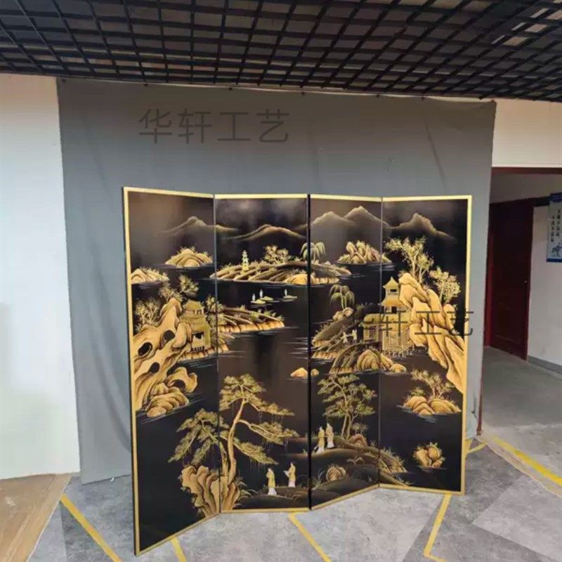 定制黑色底描金山水手绘漆画隔断玄关移动折屏背景墙中古屏风中式