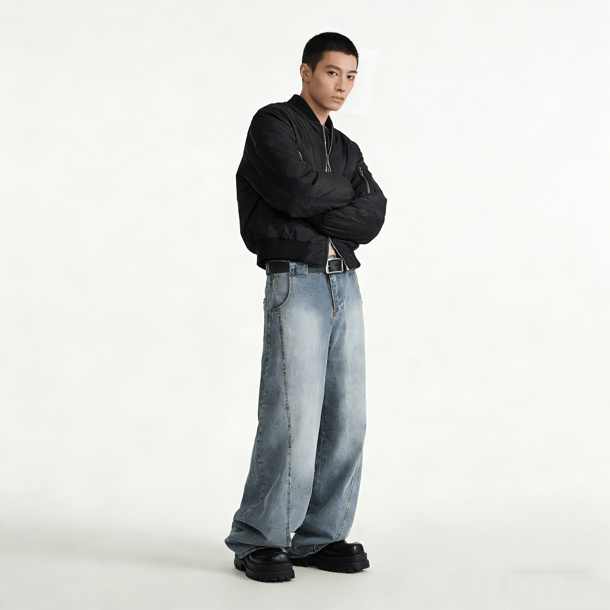 美式复古拼接弯刀牛仔裤男街头潮流宽松舒适水洗做旧百搭阔腿长裤,男装,牛仔裤,淘宝优惠券,粉丝福利购,淘宝优惠卷