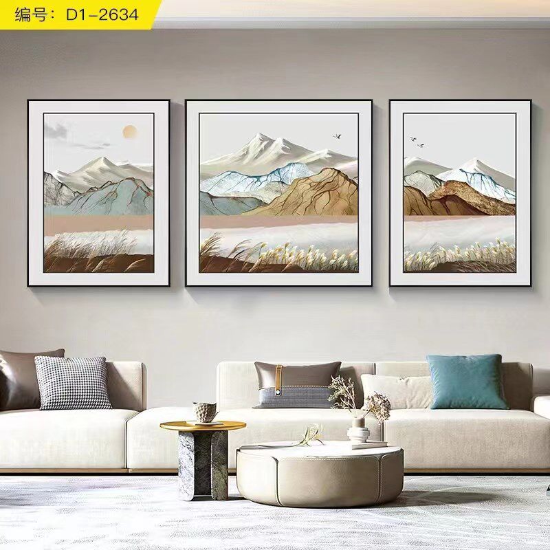 铝合金双框玻璃三联画沥银钢化玻璃客厅沙发背景墙三联画2023新款