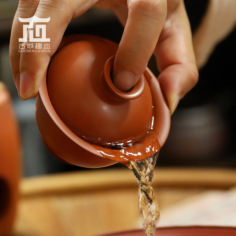 小合朱泥三才盖碗全手工紫砂工夫茶大红袍单从普洱泡茶单个纯手工