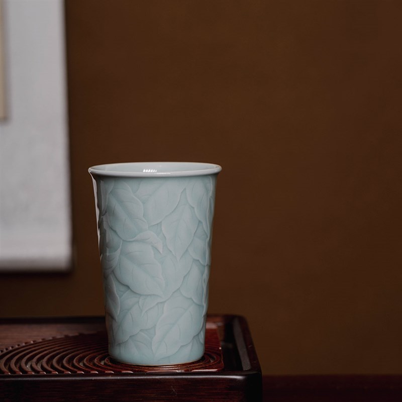 龙泉青瓷中式陶瓷茶杯千叶大容量果汁杯饮料奶茶泡茶可乐啤酒杯子