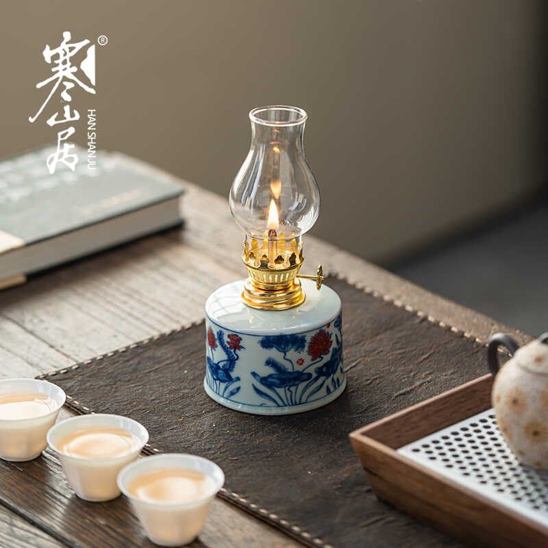 寒油居旧古陶瓷酥油灯结婚喜庆灯老式山煤油灯怀复玻璃灯罩野营灯