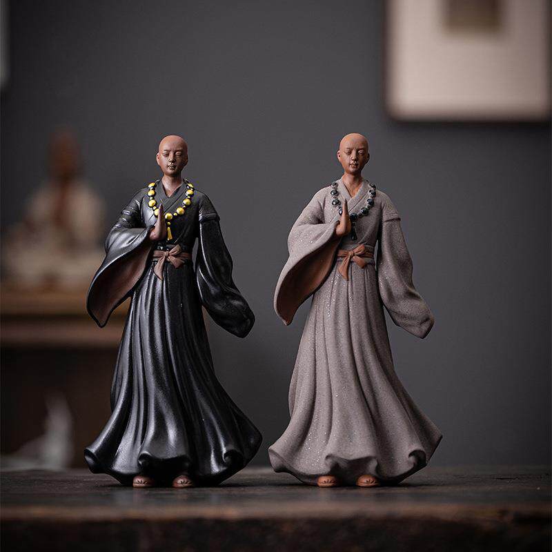 陶瓷小和尚禅意摆件新中式家居客厅茶室桌面装饰鱼缸假山造景