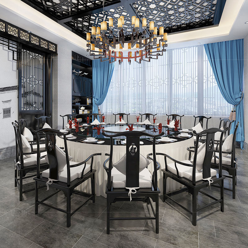 新中式餐桌酒店电动大圆桌黑檀色转盘带火锅桌子饭店餐厅桌椅组合