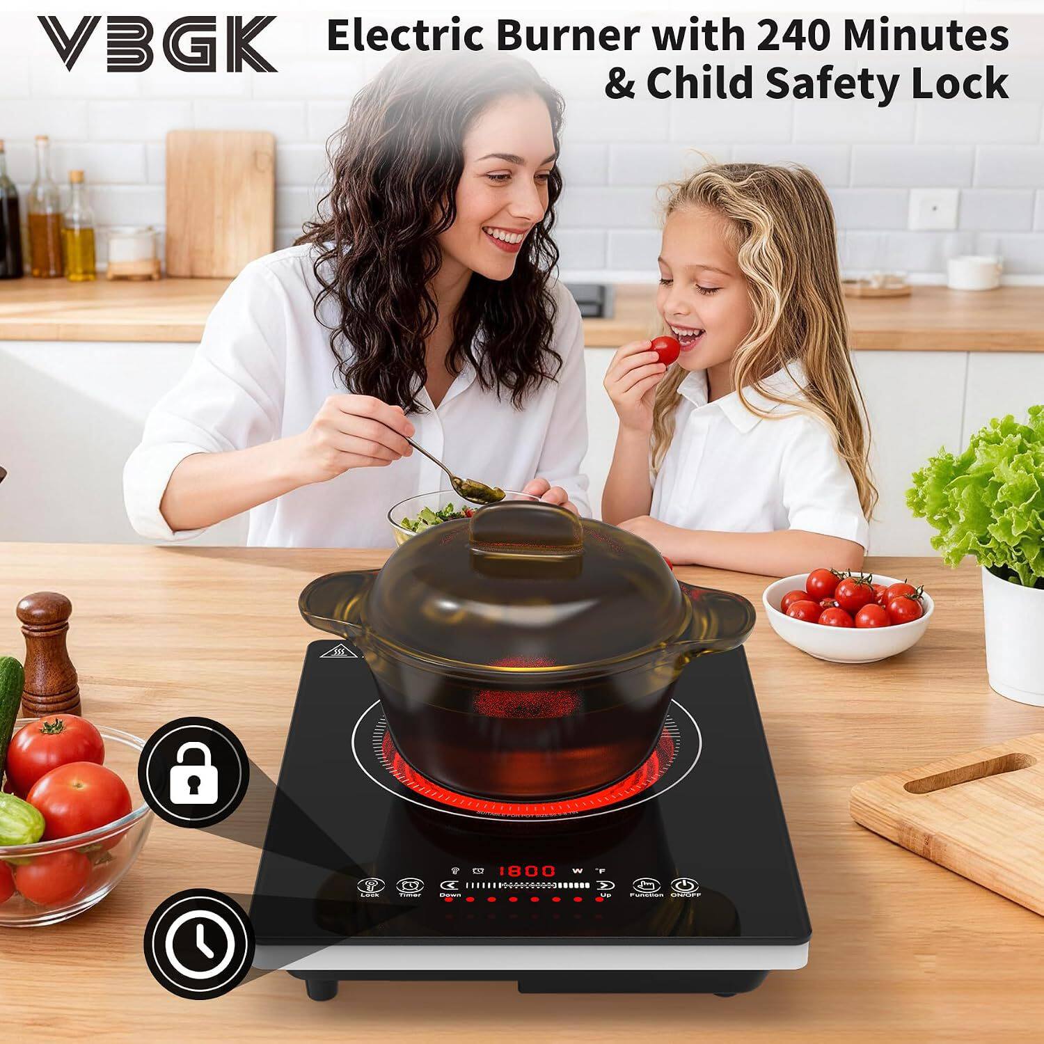 VBGK电陶炉110V1800W触摸控制8级调节4小时定时器安全锁过热保护