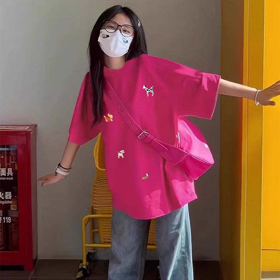 100%纯棉t恤女宽松韩版慵懒风玫红色短袖夏季设计感上衣2026新款