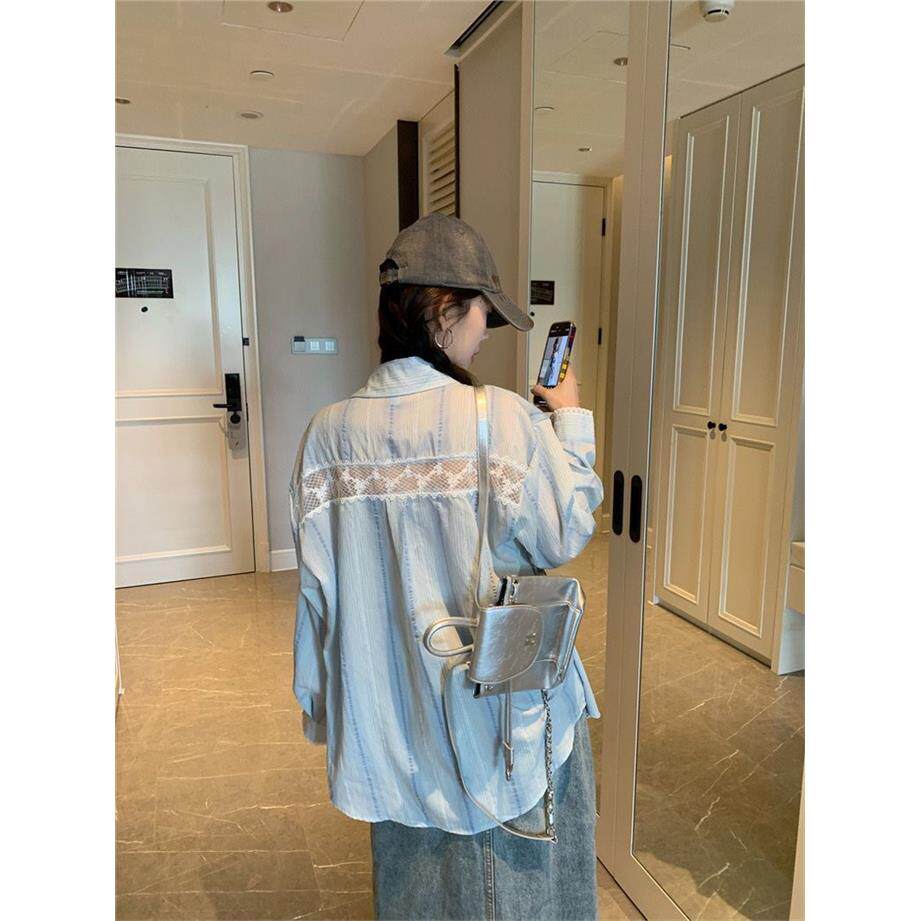 蓝色条纹衬衫女夏季蕾丝