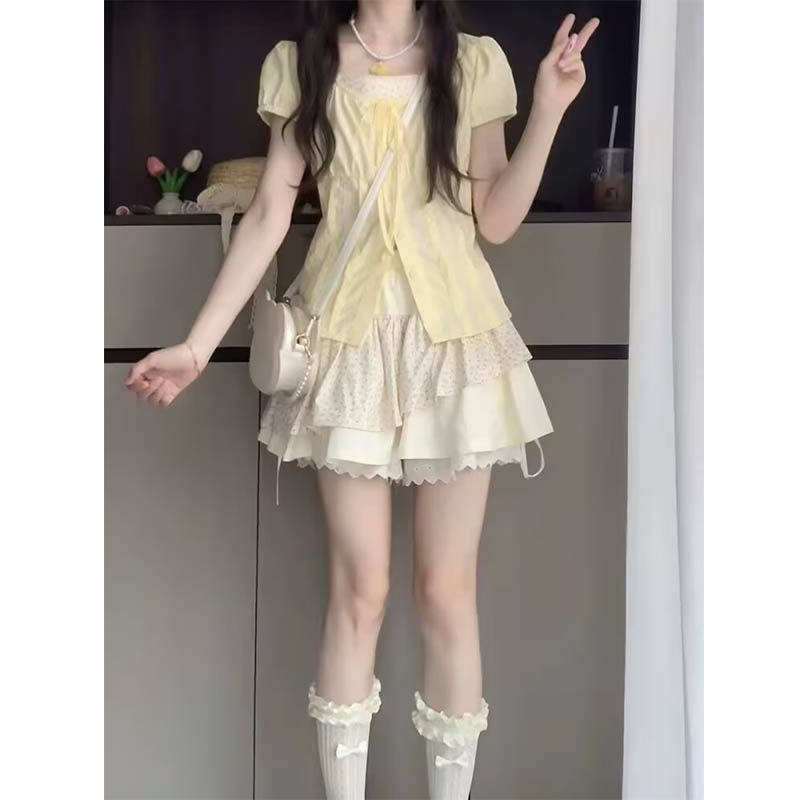 夏天多巴胺穿搭甜美奶乖学院风温柔套装女小个子夏季韩系洋装子