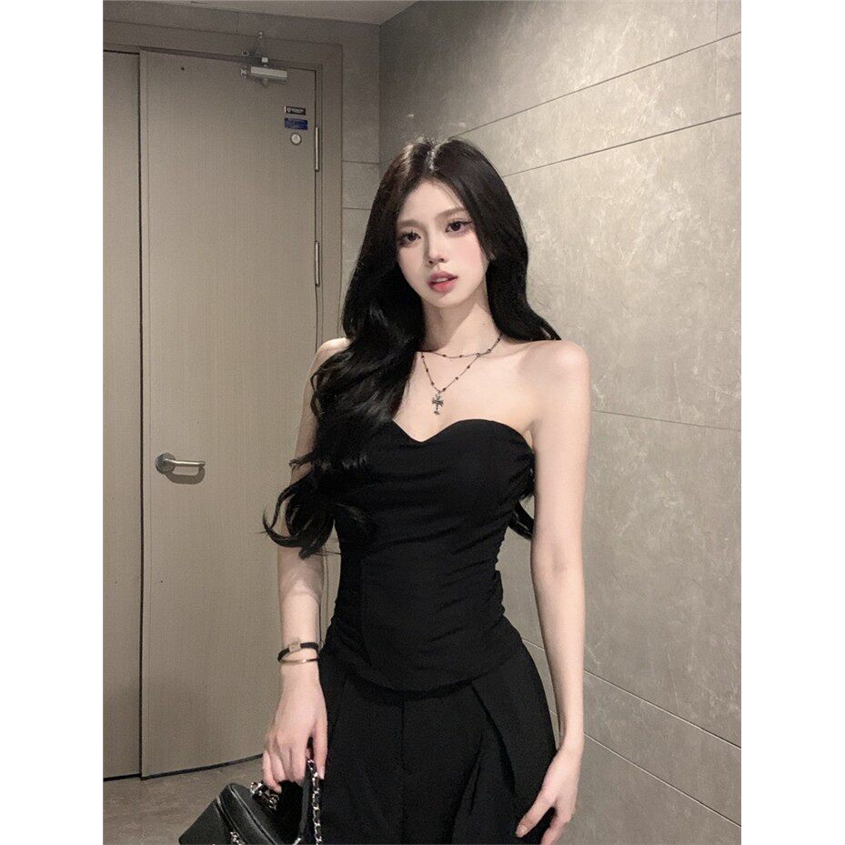 性感黑色鱼骨抹胸上衣女夏季爆款立体设计感外穿修身显瘦裹胸背心