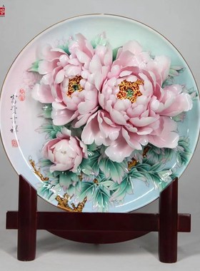 洛阳李学武牡丹瓷盘摆件11寸纯手工绘制陶瓷牡丹花高档礼品礼盒装