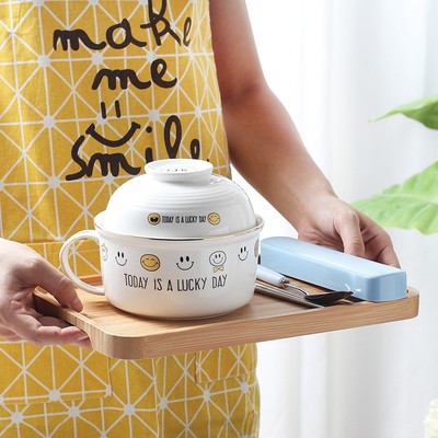 瓷航笑脸泡面碗带盖陶瓷碗学生宿舍饭碗送餐具筷勺便捷装可微波炉