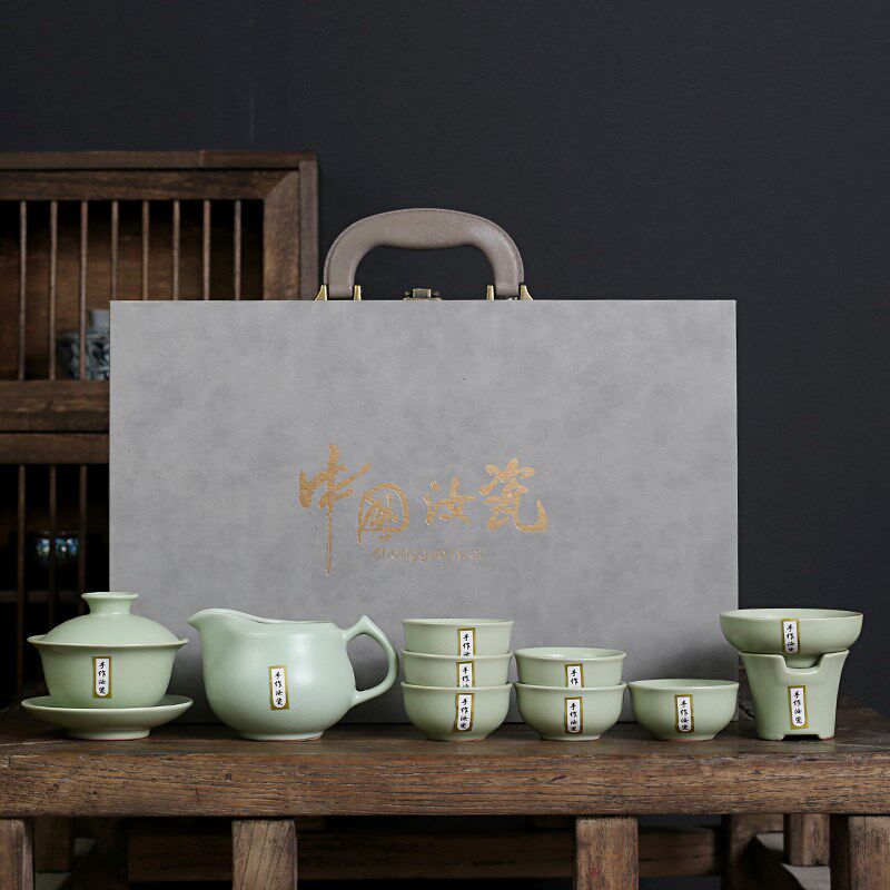 汝窑茶具套装礼盒装新款冰裂釉家用客厅办公可养功夫茶杯茶壶整套