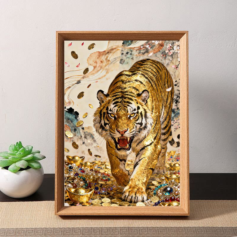 金色猛虎招财驱邪木质相框