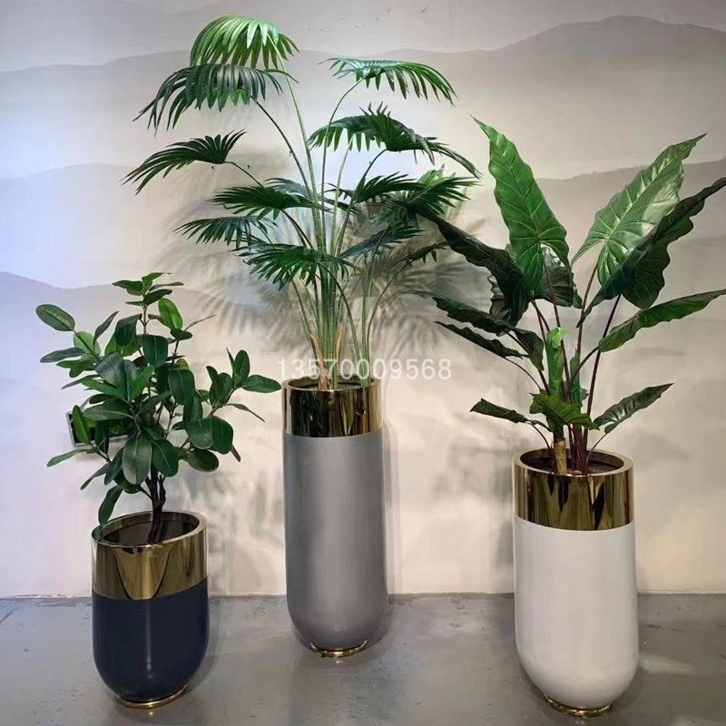 不锈钢花瓶 圆底形花钵 金属花器 电镀花盆烤漆落地多色花盆