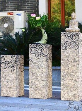 中式古典会所陈设仿复古摆件仿石雕意境美学茶空间造景祥云装饰柱